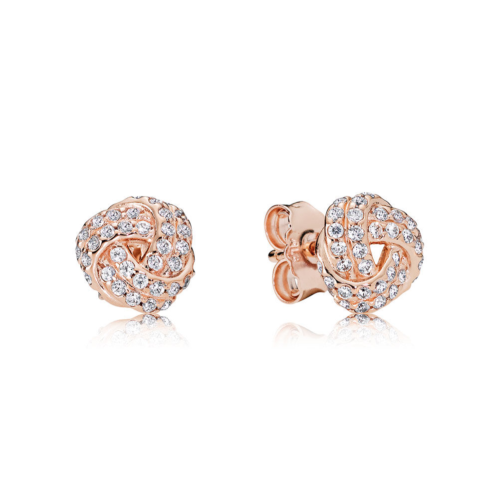 Sparkling Love Knot Stud Earrings, PANDORA Rose™ & Clear CZ | PANDORA ...