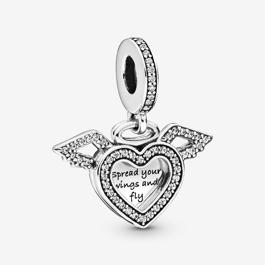 Heart and Angel Wings Dangle Charm, Sterling silver