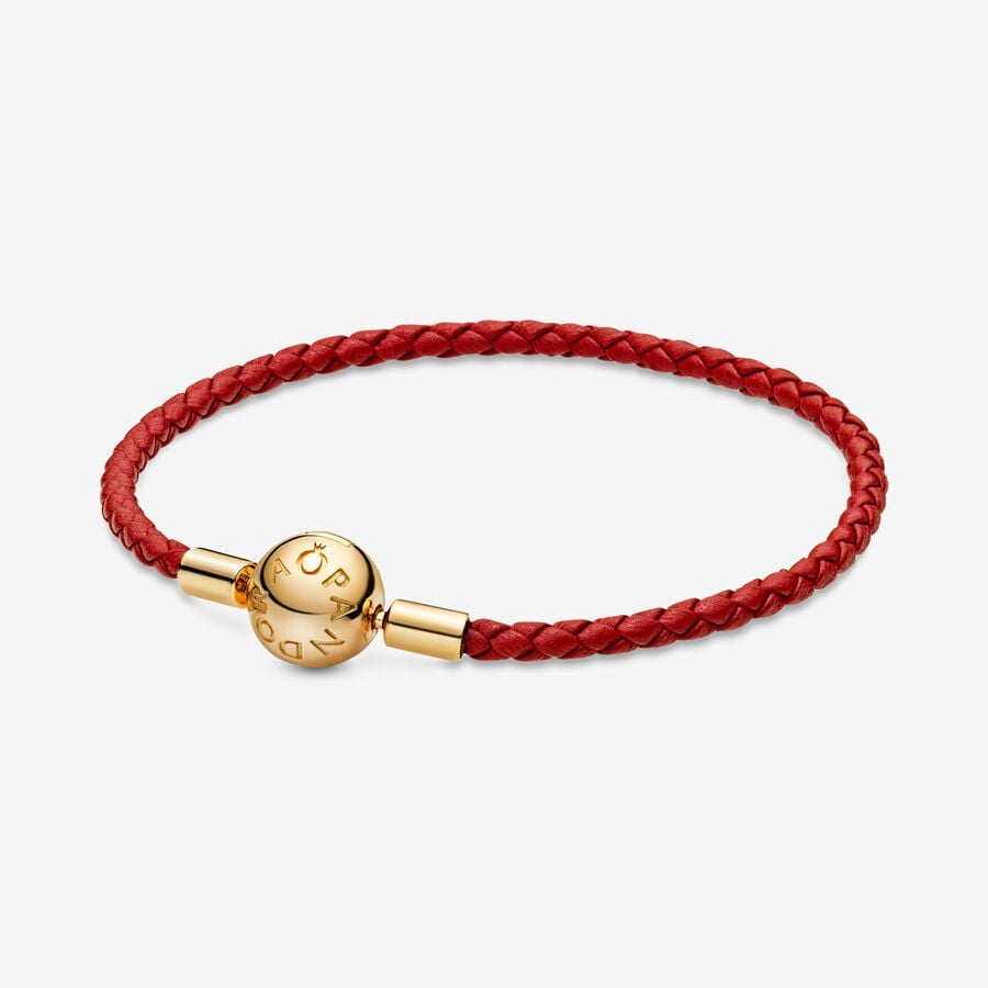 Investigation Trojan horse bench Pandora Moments Red Woven Leather Bracelet | Gold plated | Pandora US