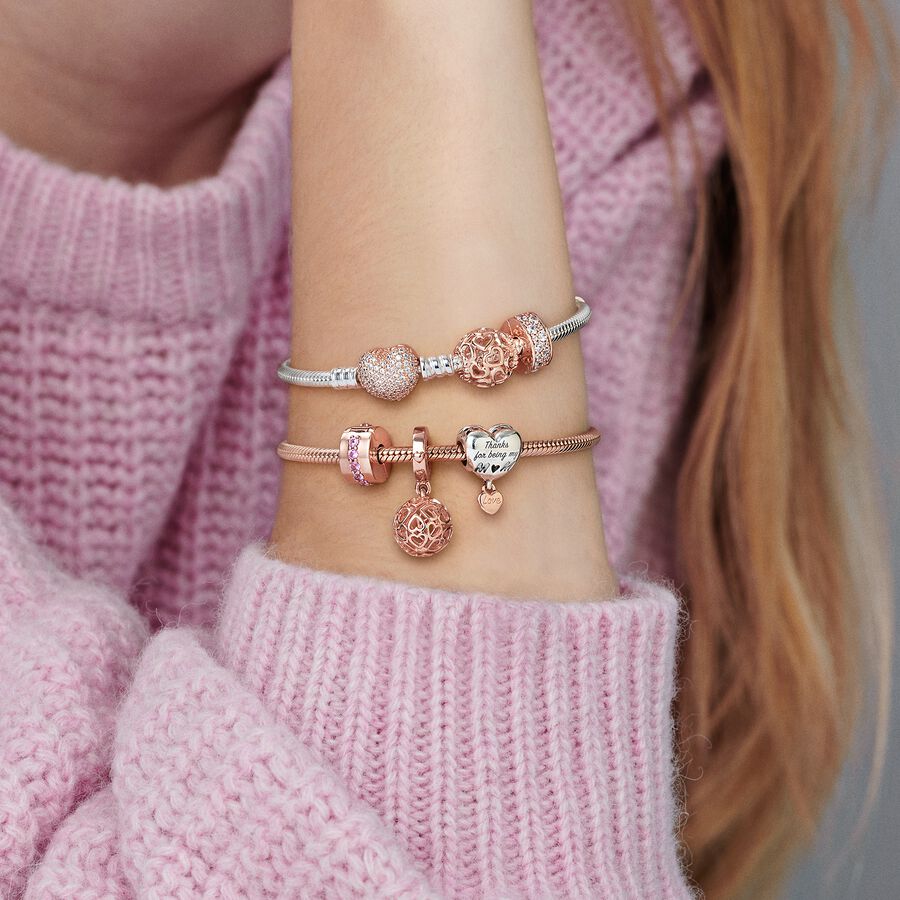 Pandora Women's Sterling Silver Snake Chain Charm Bracelet with Rose Gold  Heart Clasp 