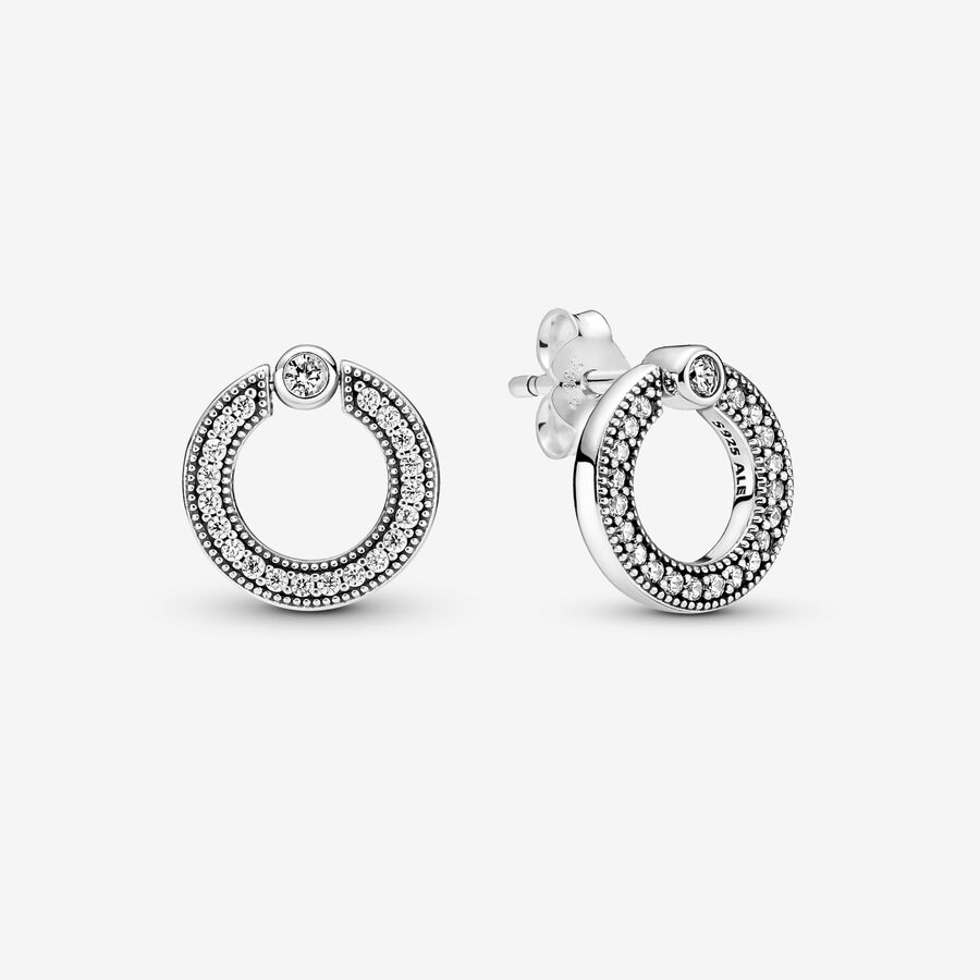Pavé & Logo Circle Reversible Stud Earrings | Sterling silver | Pandora US
