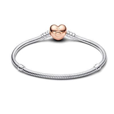 Pandora Moments Women's Sterling Silver Snake Chain Charm Bracelet with  Rose Gold Heart Clasp 