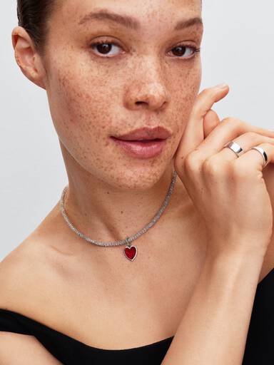 Heart Clasp Sparkling Mesh Necklace, Platinum Plated