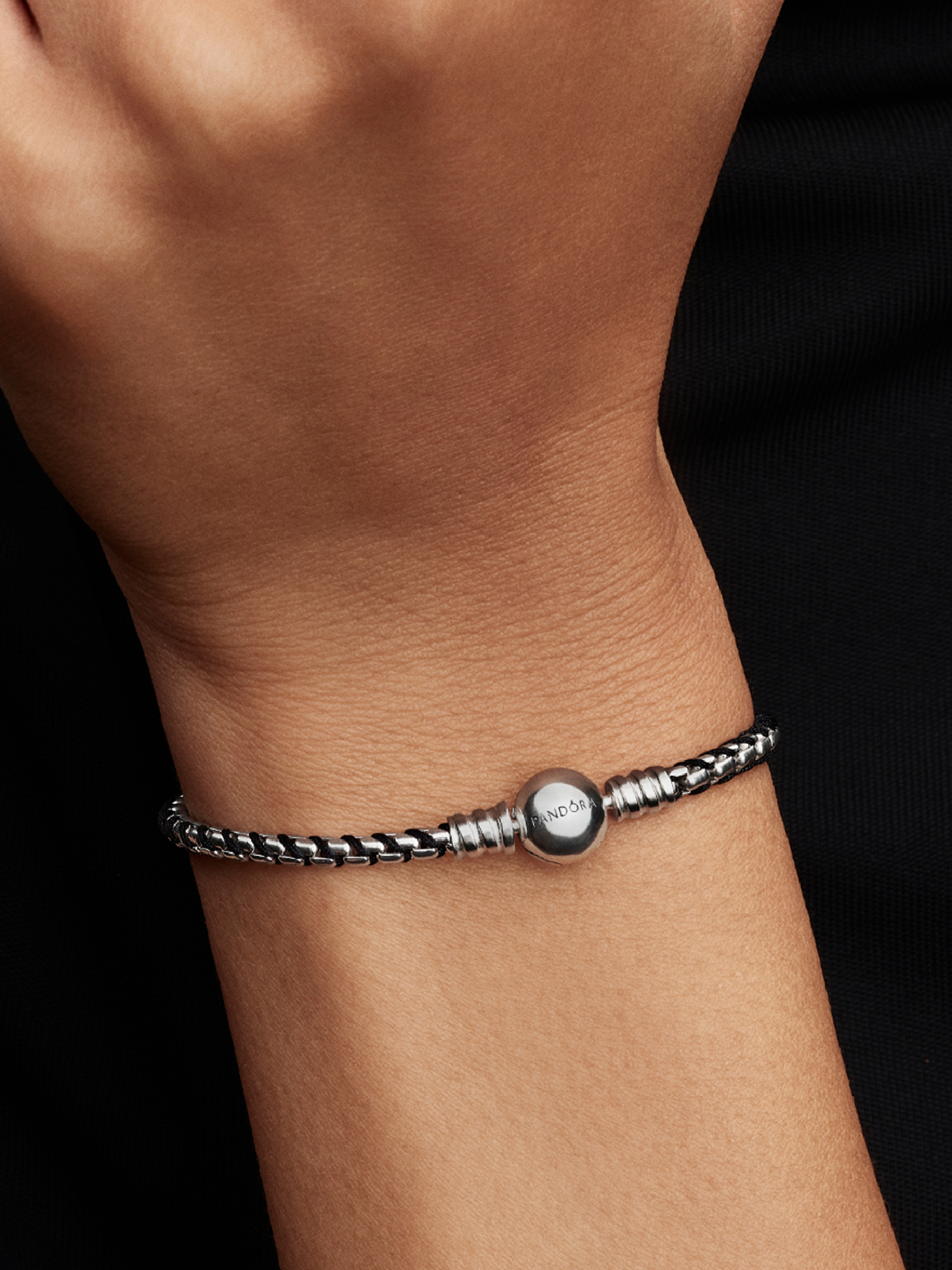 Женский браслет Pandora Black Cord Box Chain, цвет: Серебро — фото 3