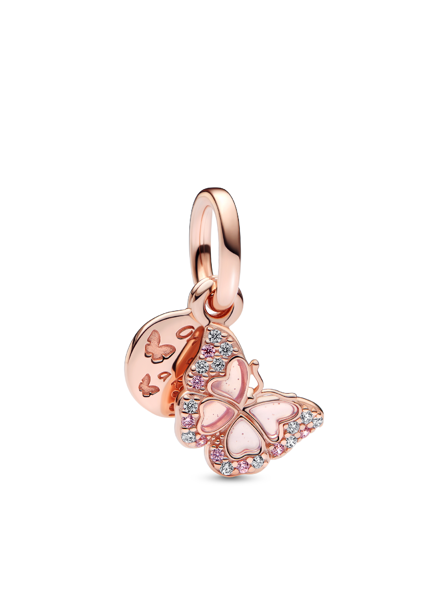 Женский шарм Pandora Pink Butterfly & Quote Double Dangle Charm, цвет: Покрытие розовым золотом — фото 1