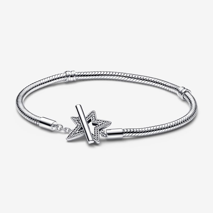 Pandora Moments Asymmetric Star T-bar Snake Chain Bracelet, Sterling  silver