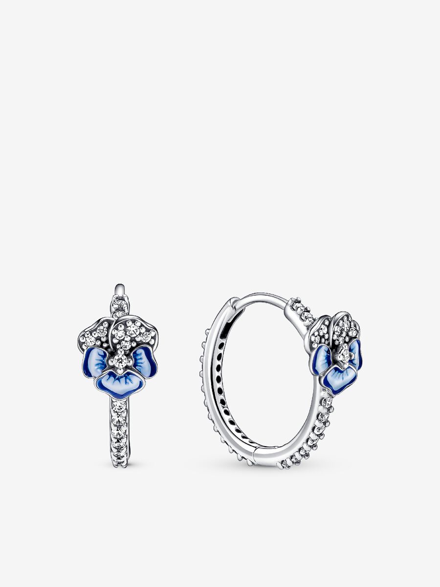 Blue Pansy Flower Hoop Earrings