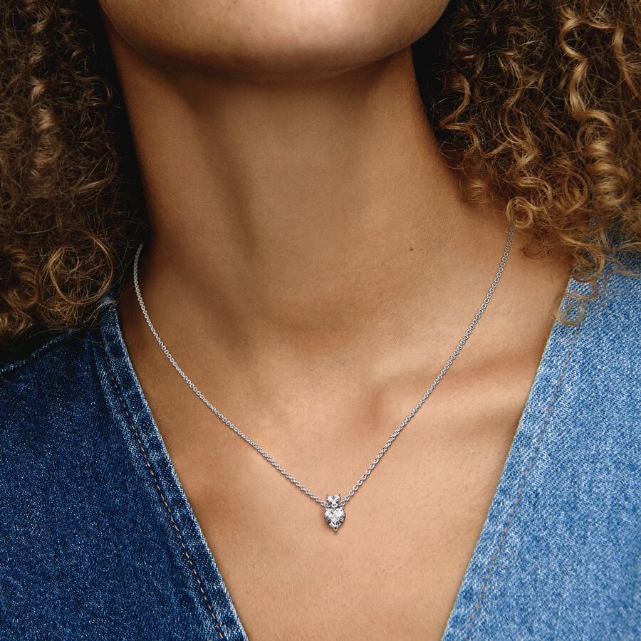 Pandora : Double Heart Pendant Sparkling Collier Necklace