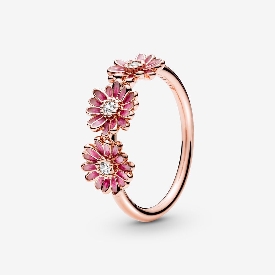 Pink Daisy Flower Trio Ring, Rose gold plated