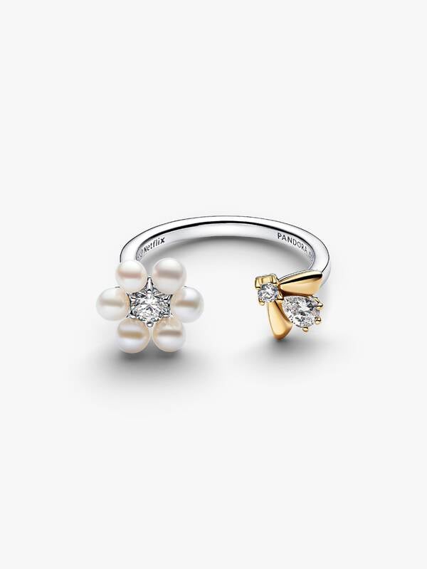 Two Tone Pandora Rings Bridgerton Bee & Treated Freshwater Cultured Pearl Flower Open Ring ...