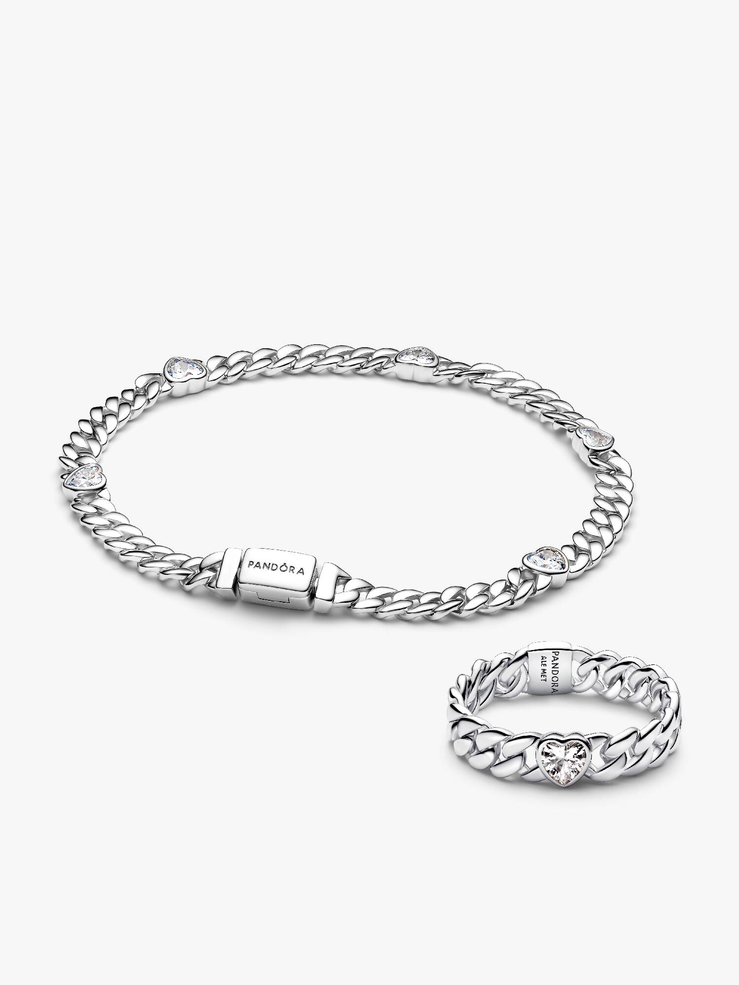 Silver Heart Cuban Chain Bracelet & Ring Set