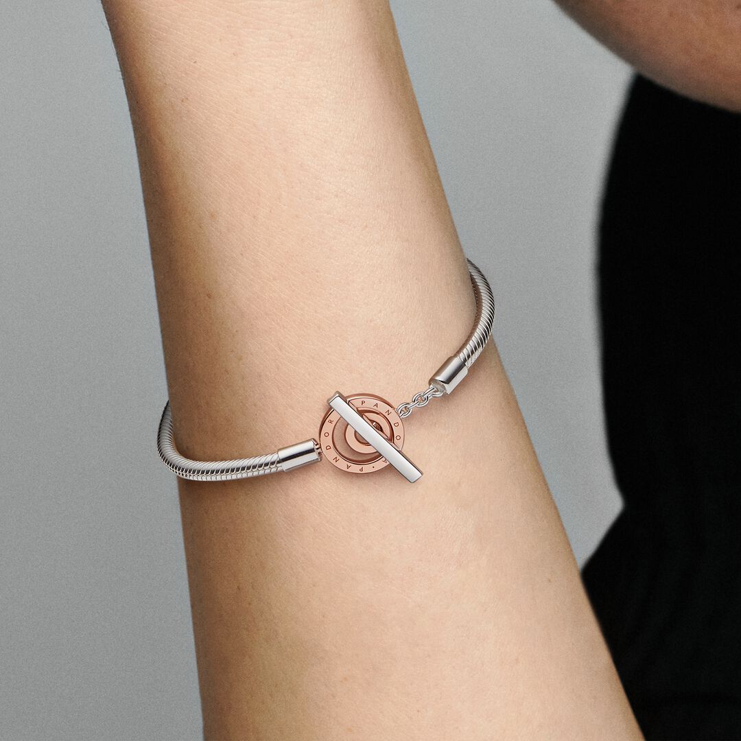 Pandora Moments Two-tone Logo T-Bar Snake Chain Bracelet