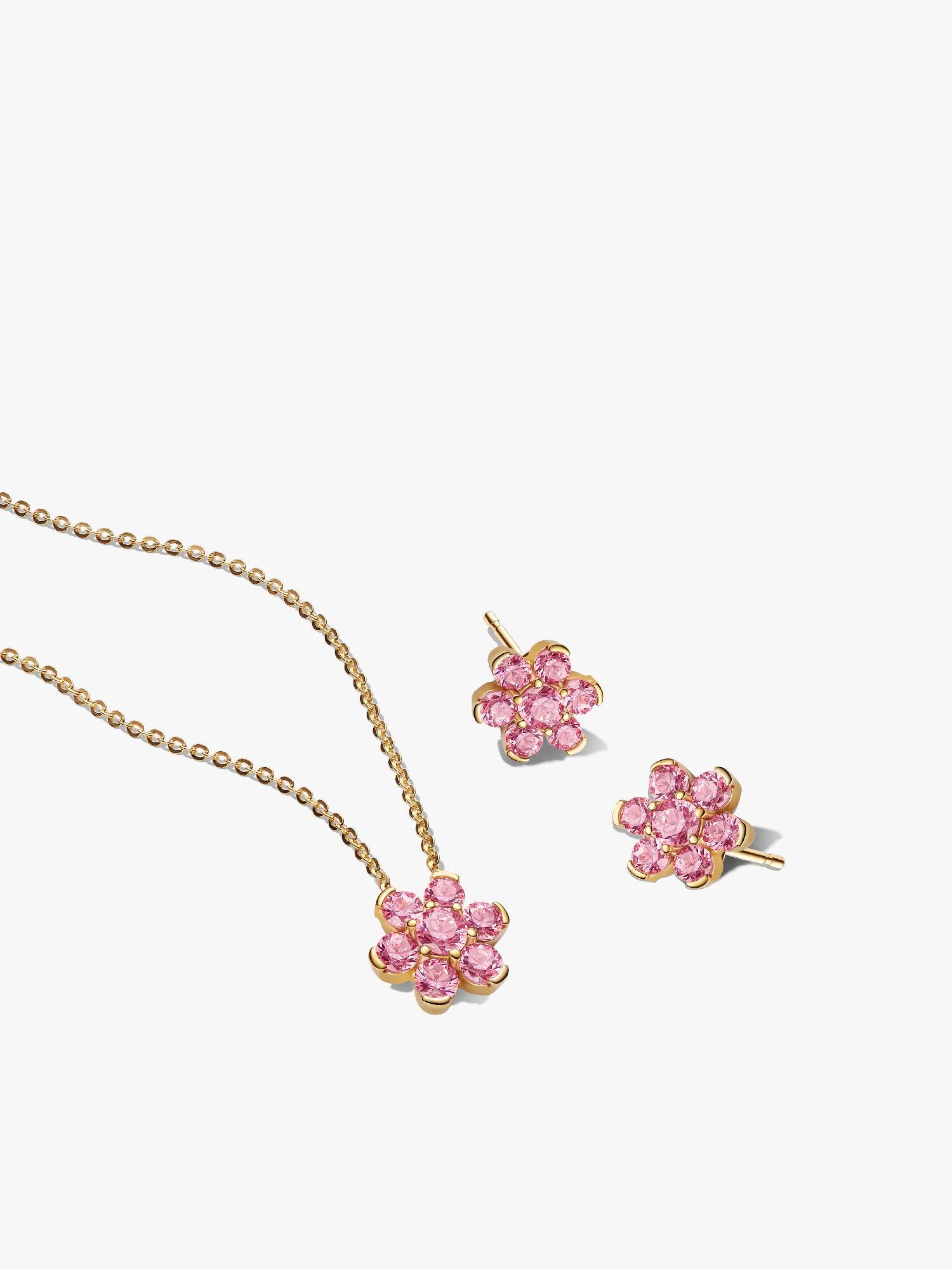 Sparkling Pink Flower Necklace & Earrings Set