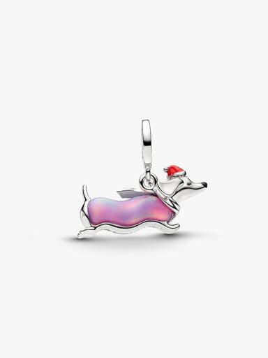 Christmas Dachshund Dangle Charm, Platinum Plated