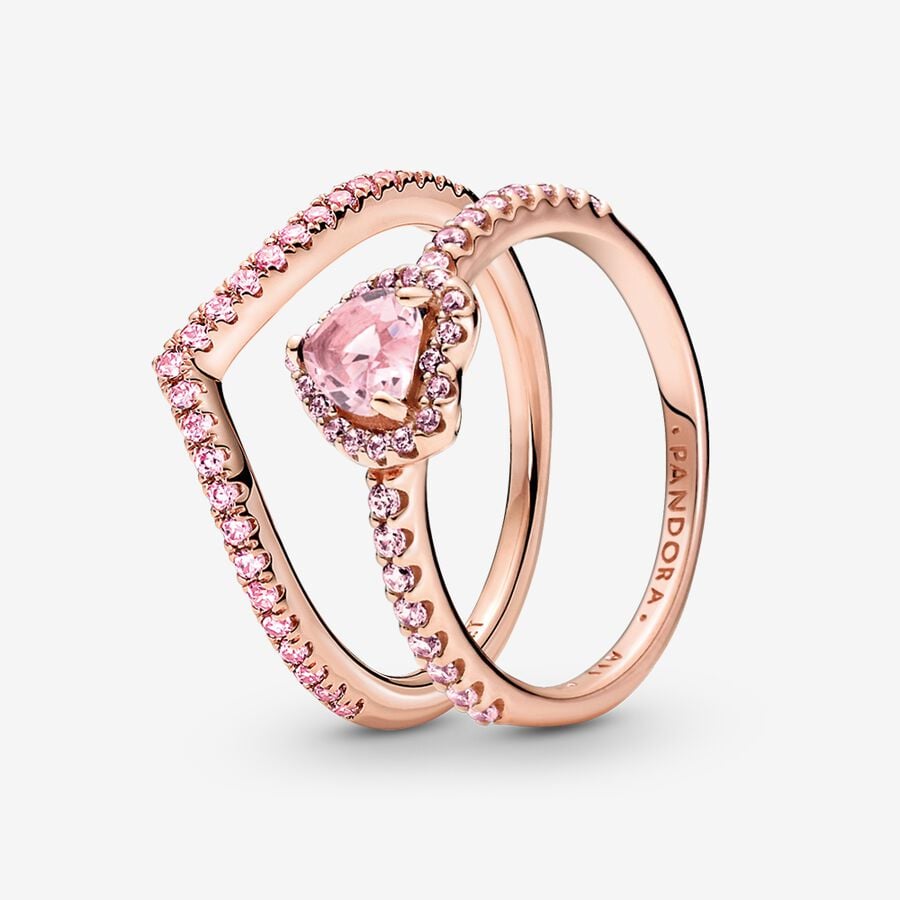 Sparkling Pink Heart Wishbone Ring Set