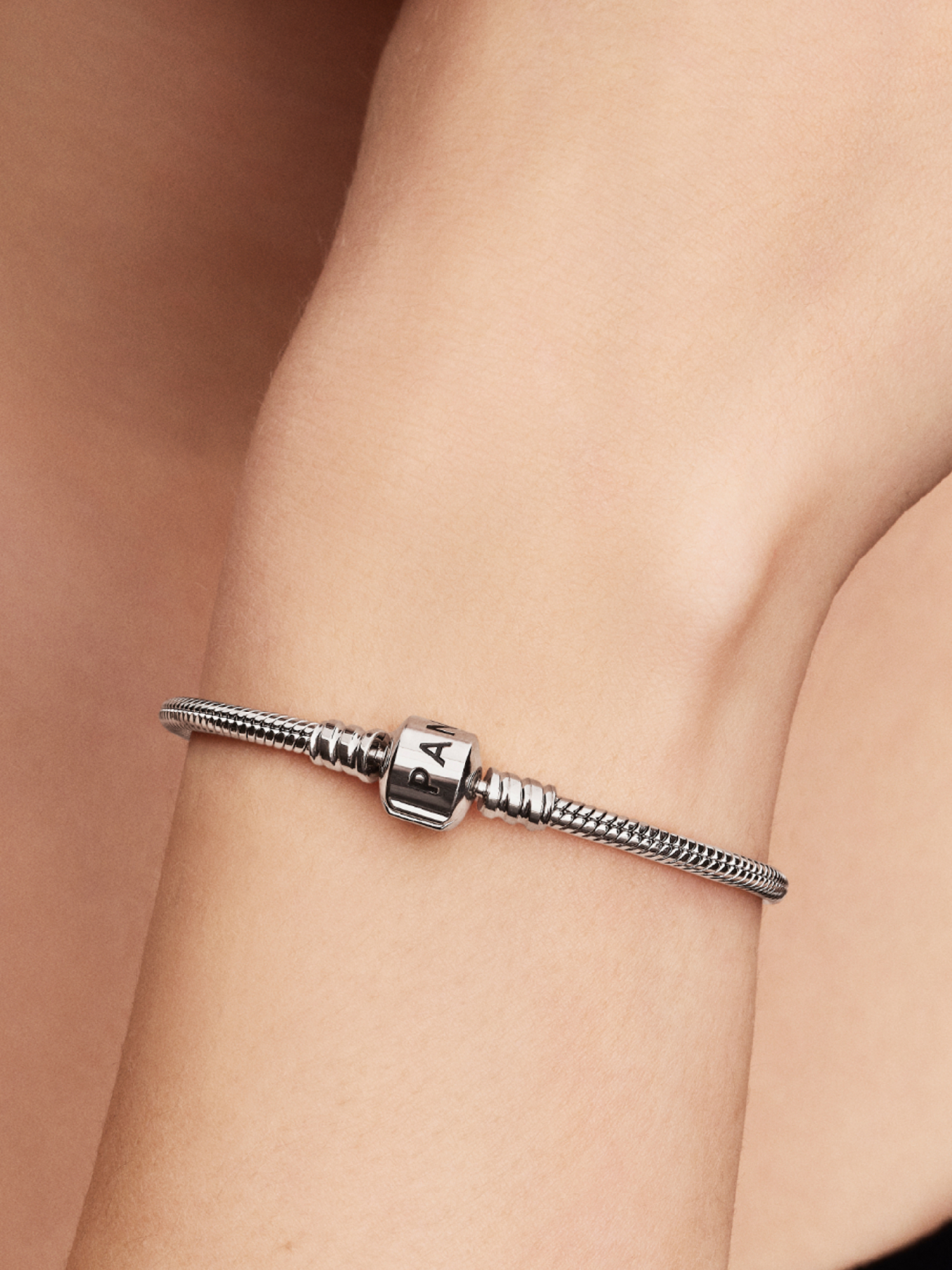 Pandora Moments Barrel Clasp Snake Chain Bracelet, Platinum Plated