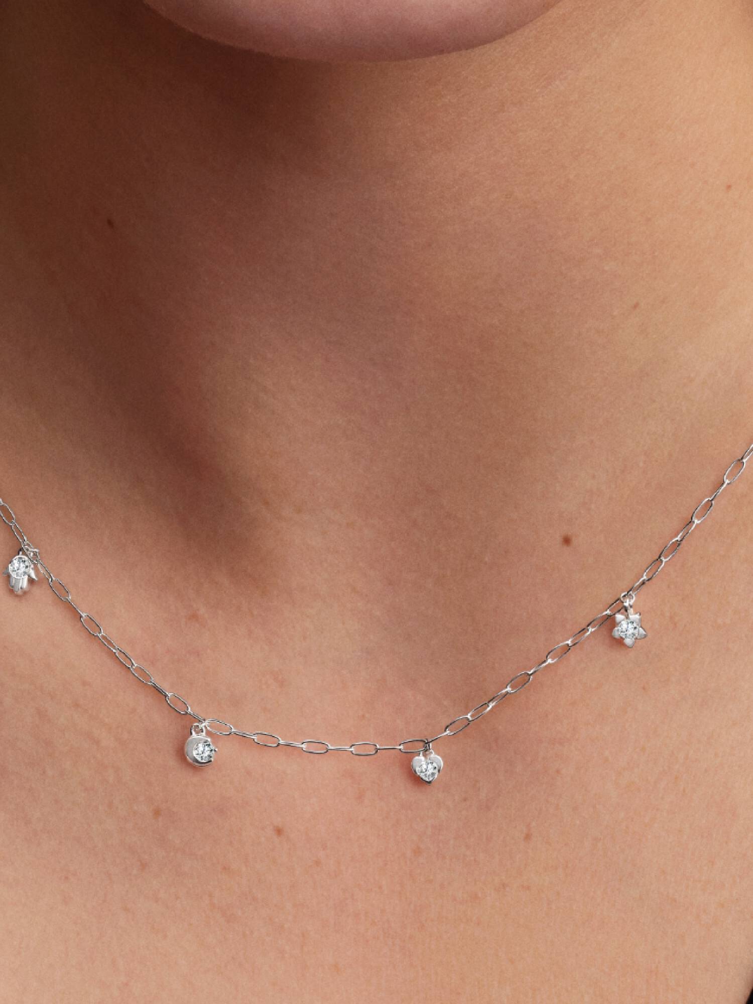 Pandora Talisman Sterling Silver Lab-Grown Diamond Dangle Symbols Paperclip Chain Necklace