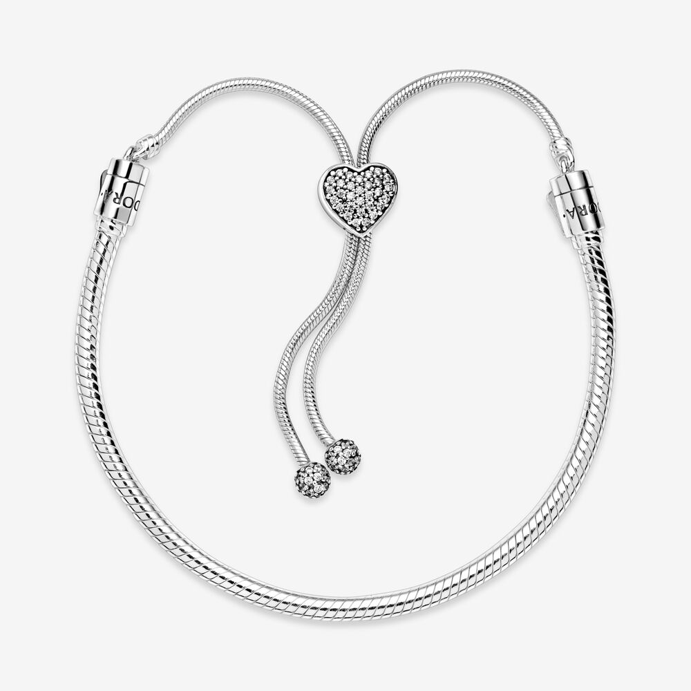 Pandora Moments Pavé Heart Clasp Snake Chain Slider Bracelet ...