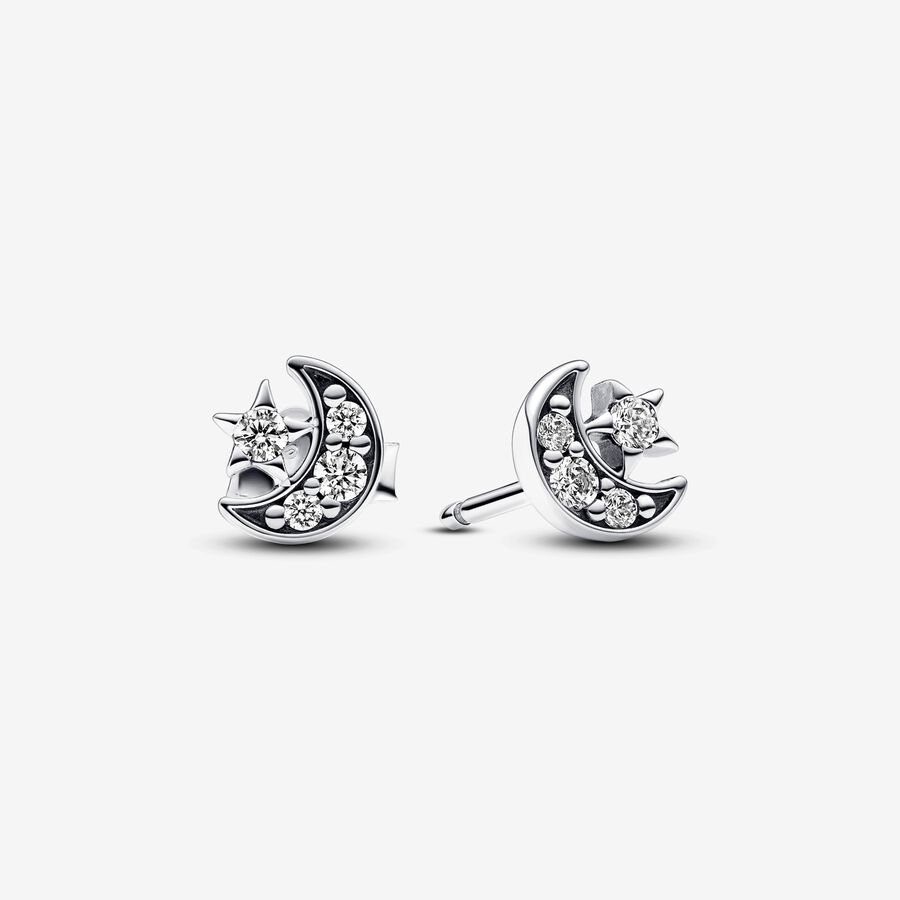 Sparkling Moon & Star Stud Earrings | Sterling silver | Pandora US