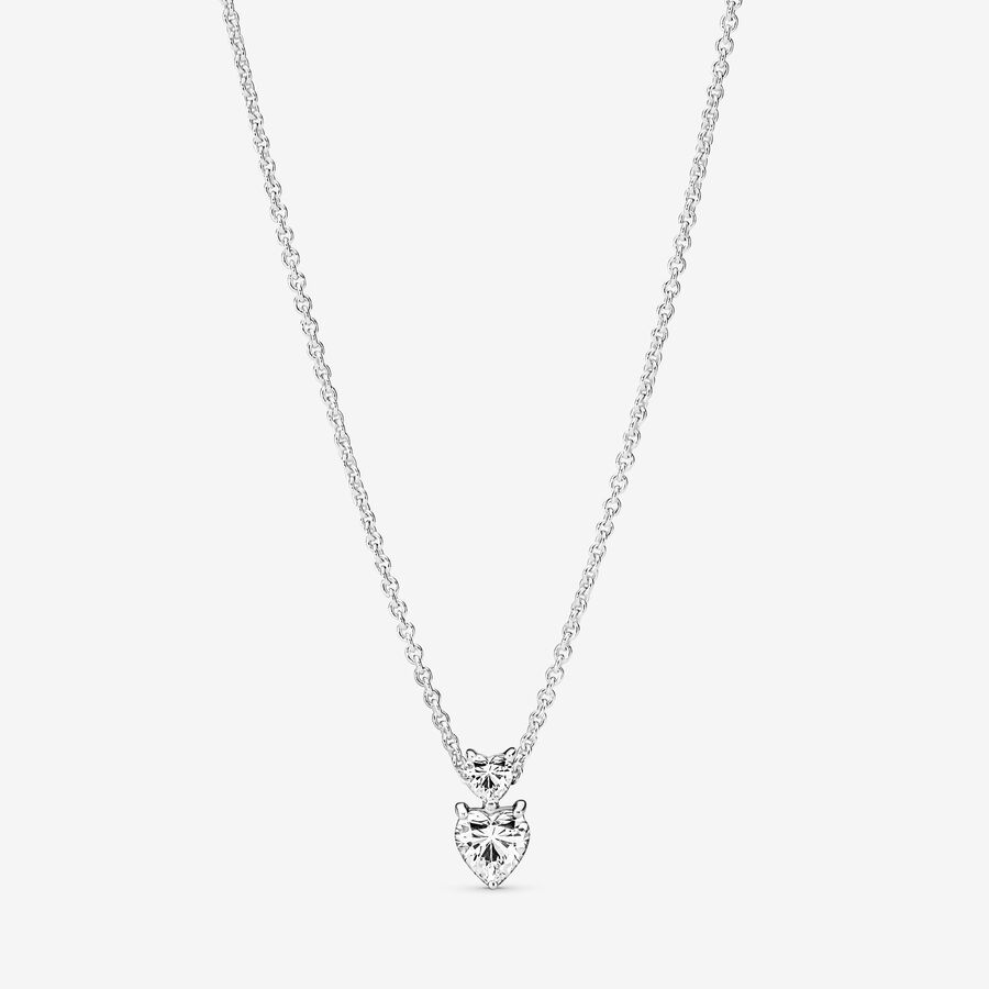 Double Heart Pendant Sparkling Collier Necklace, Sterling silver