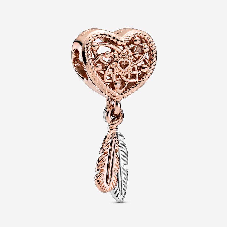 FINAL SALE - Openwork Heart & Two Feathers Dreamcatcher Charm Two-tone | Pandora US