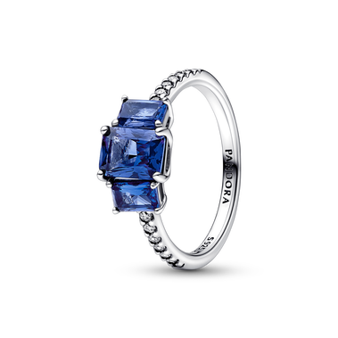 Blue Rectangular Three Stone Sparkling Ring