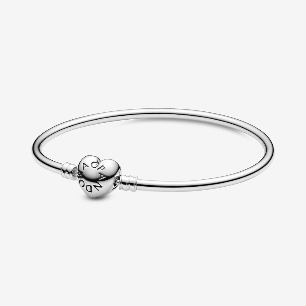 Moments Silver Bangle Bracelet with Logo Heart Clasp | Pandora US