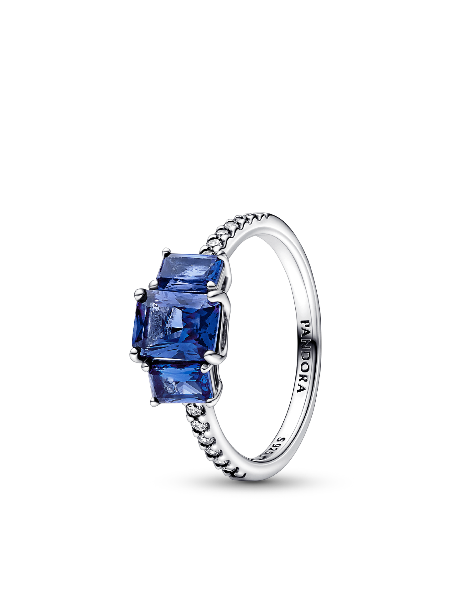 Женское кольцо Pandora Blue Rectangular Three Stone Sparkling, цвет: Серебро — фото 1