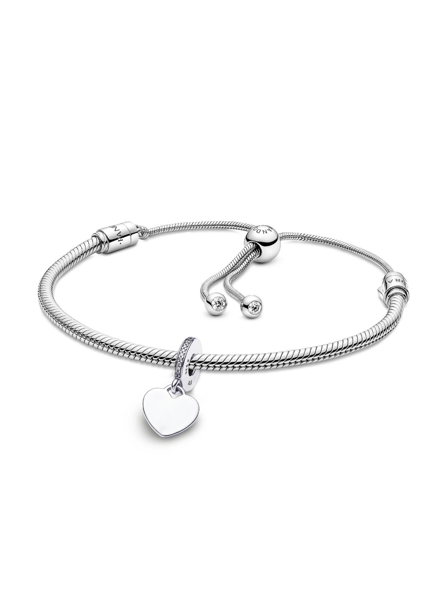 Engravable Heart Tag Dangle Charm Snake Chain Slider Bracelet Set