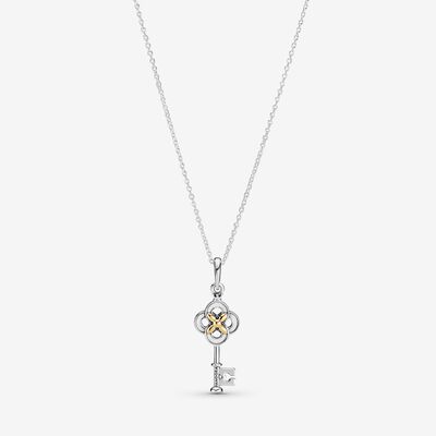 Two-tone Key & Flower Necklace, Sterling silver and 14k Gold, Clear, Cubic Zirconia - PANDORA - #399339C01