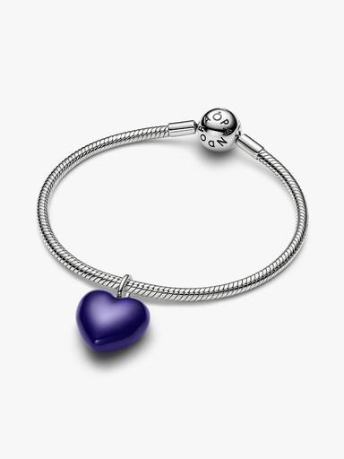 Blue Puffy Heart Dangle Charm, Platinum Plated