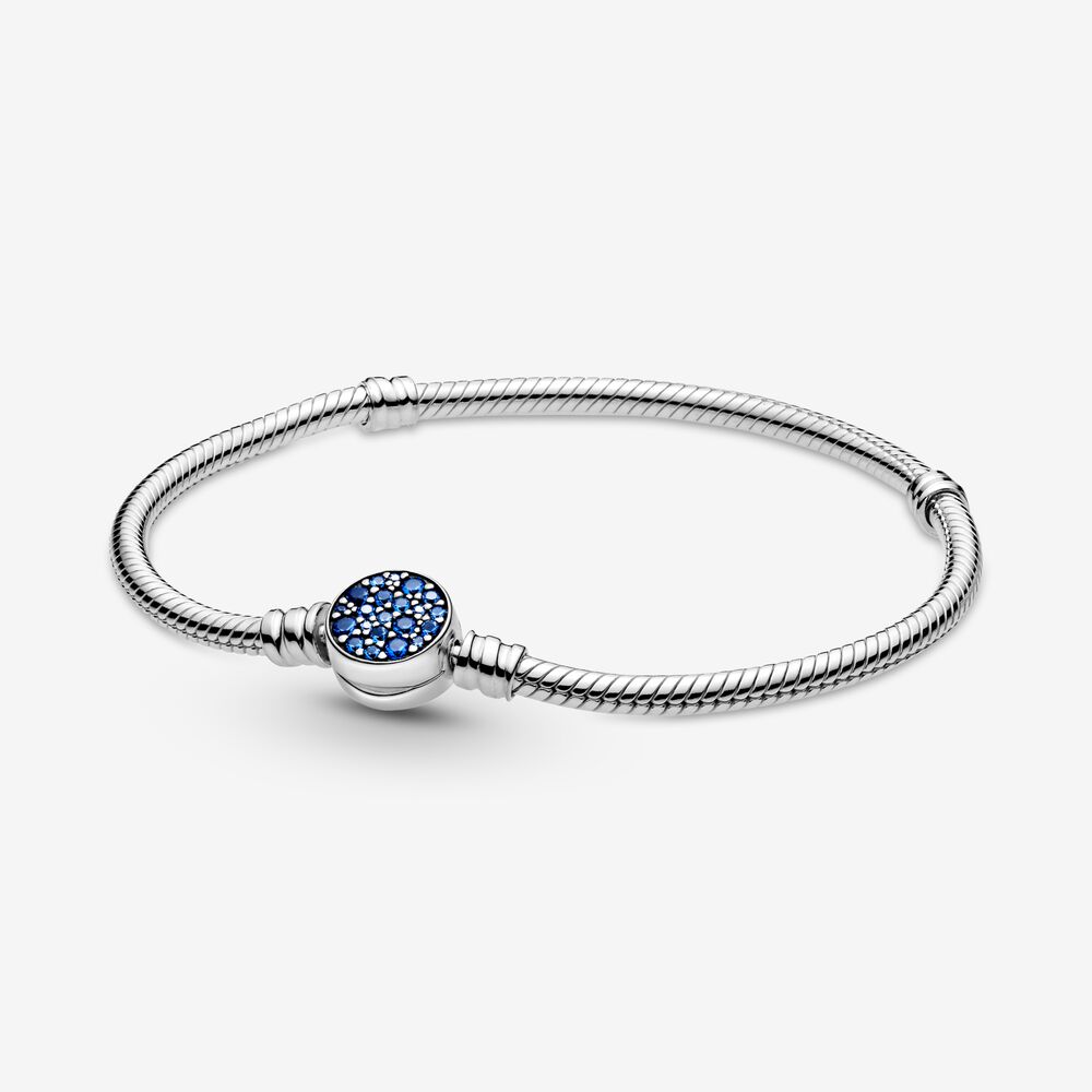 Pandora Moments Sparkling Blue Disc Clasp Snake Chain Bracelet ...