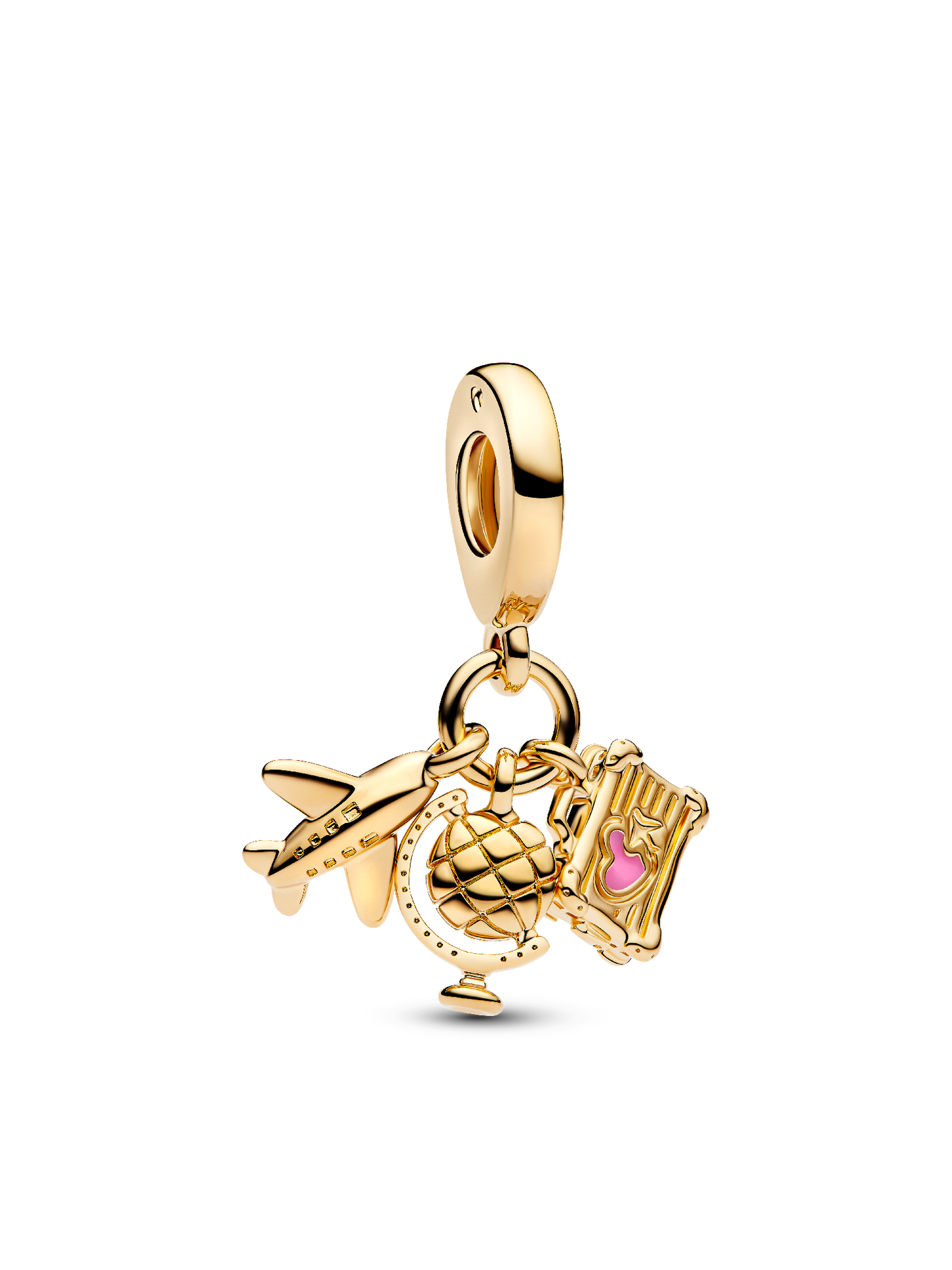 Женские чемоданы Pandora Airplane, Globe & Suitcase Triple Dangle Charm, цвет: Позолоченный — фото 1