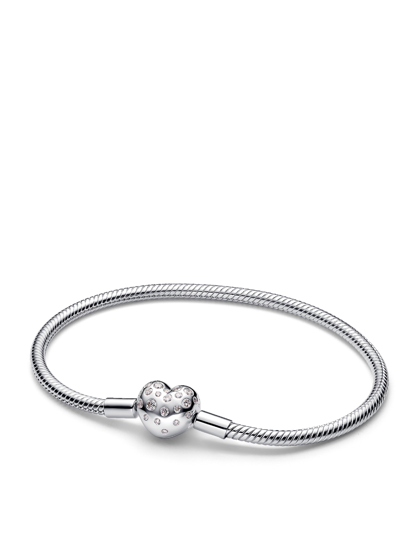 Женский браслет Pandora Sterling Silver Lab-grown Diamond Heart Clasp Snake Chain, цвет: Серебро — фото 1