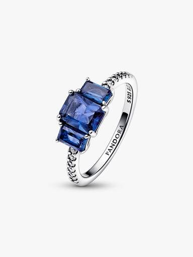 Blue Rectangular Three Stone Sparkling Ring
