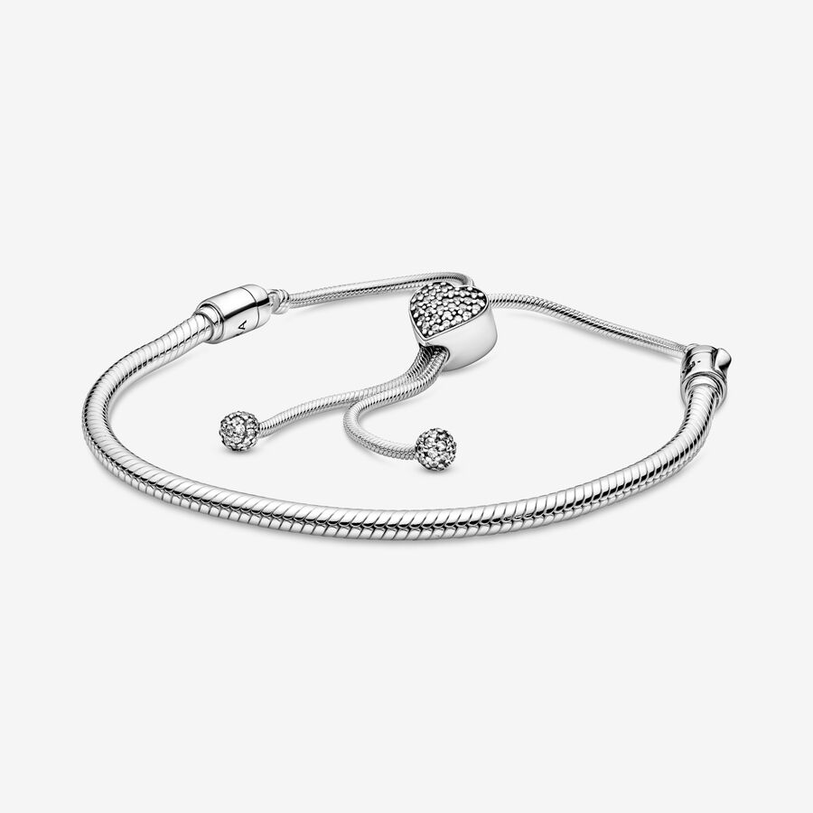 Pandora Moments Pavé Heart Clasp Snake Chain Slider Bracelet | Sterling silver Pandora US