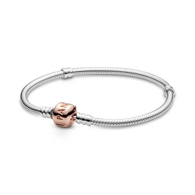 Pandora Moments Women's Sterling Silver Snake Chain Charm Bracelet with  Rose Gold Heart Clasp 