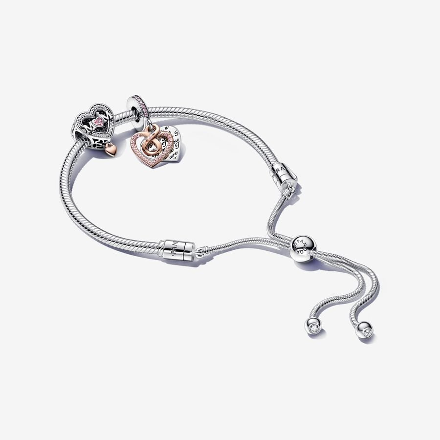 Two-tone Infinity Heart and Mom Charm Bracelet Set image number 0