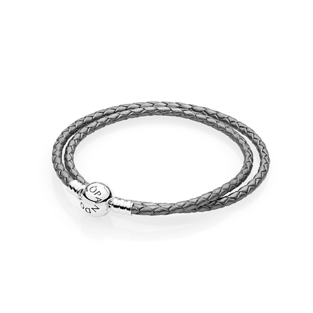 Silver Grey Braided Double-Leather Charm Bracelet | PANDORA