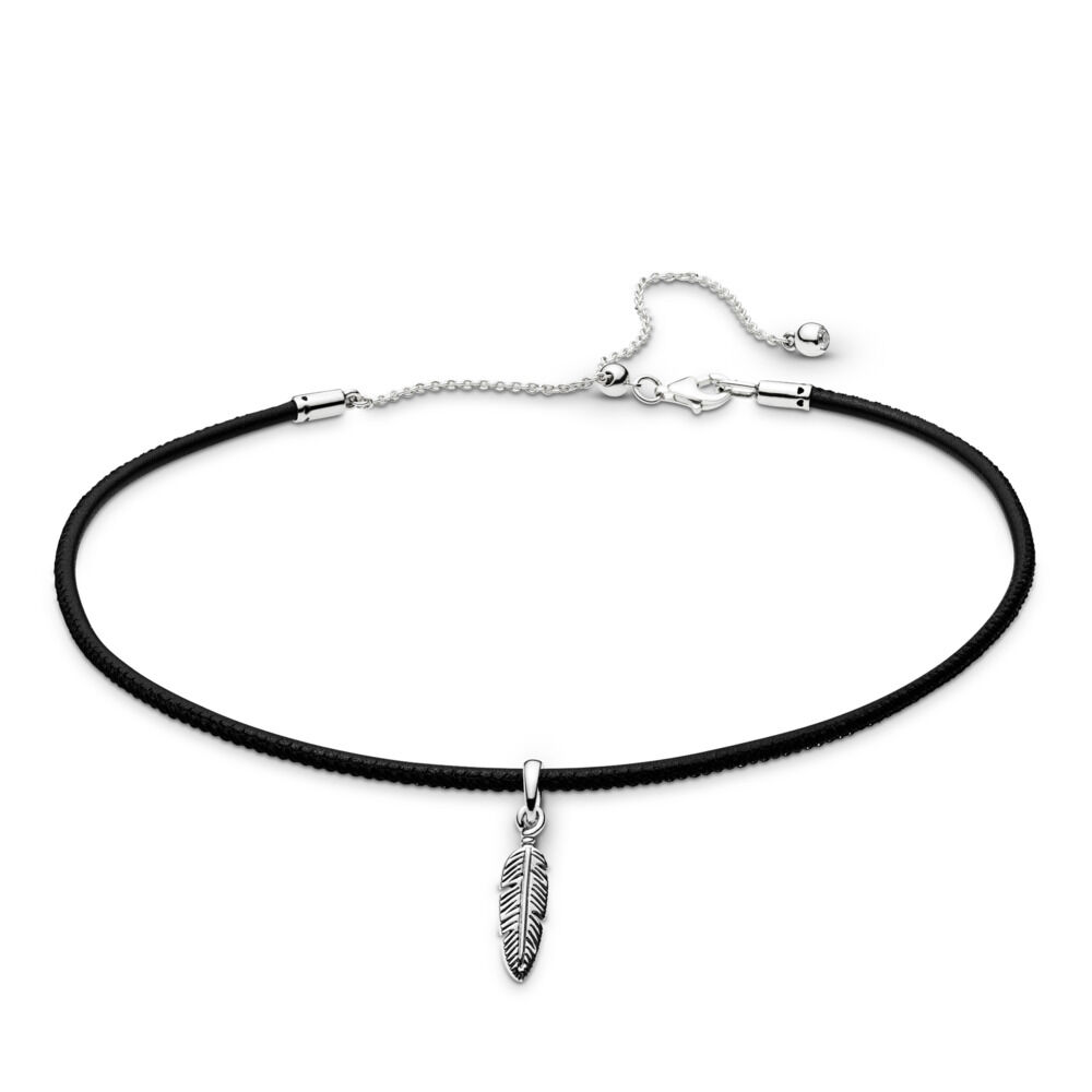 Black Leather Choker Necklace \u0026 Feather 