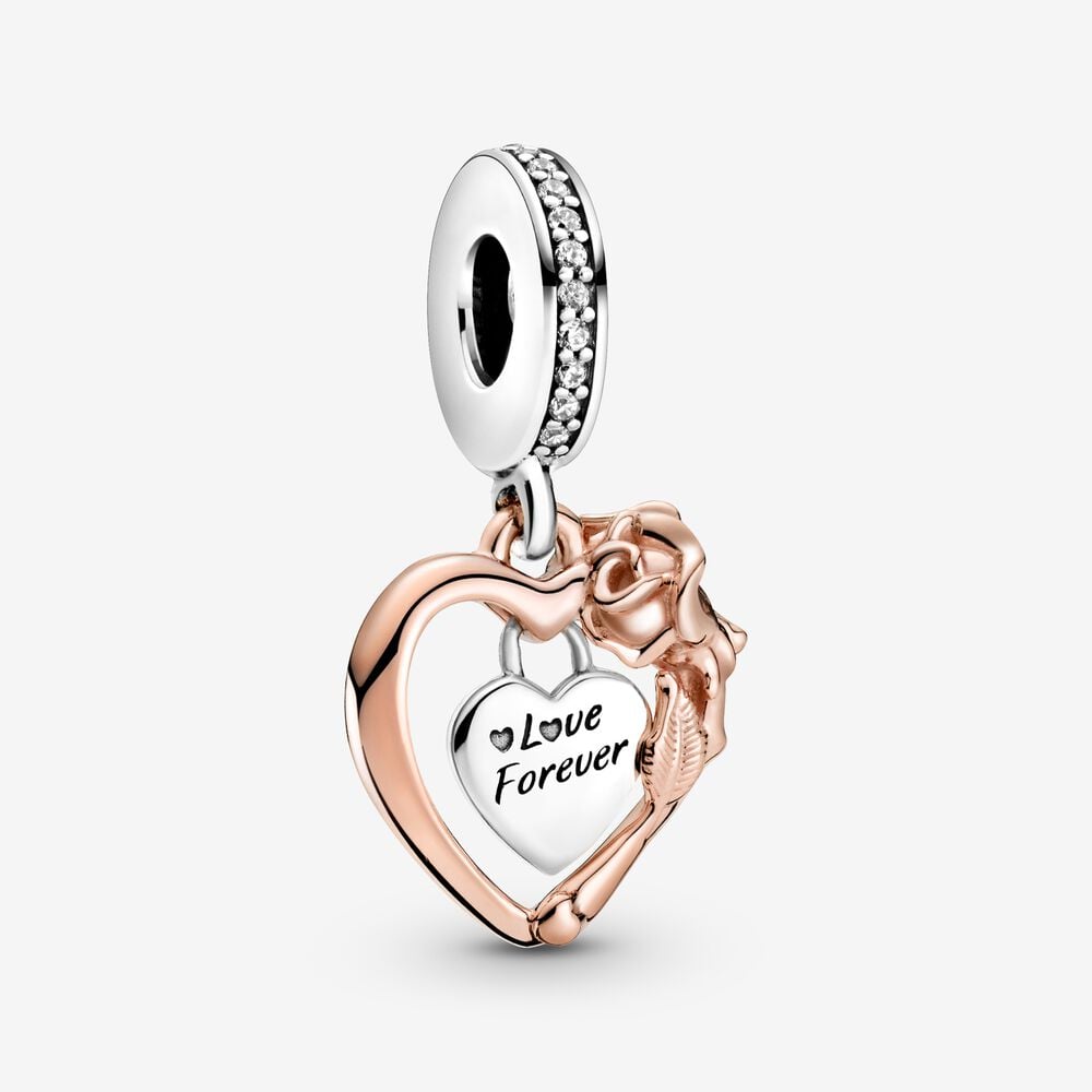 Heart & Rose Flower Dangle Charm | Two-tone | Pandora US
