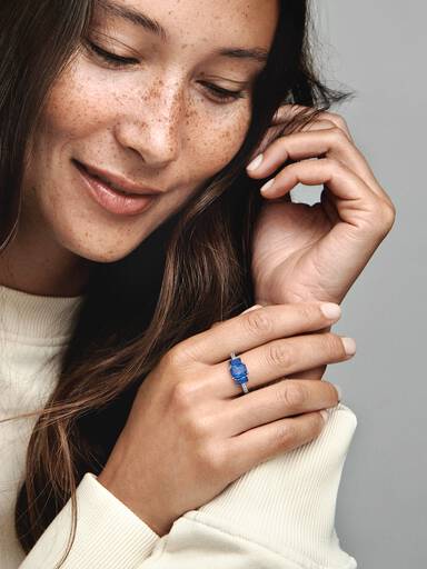 Blue Rectangular Three Stone Sparkling Ring