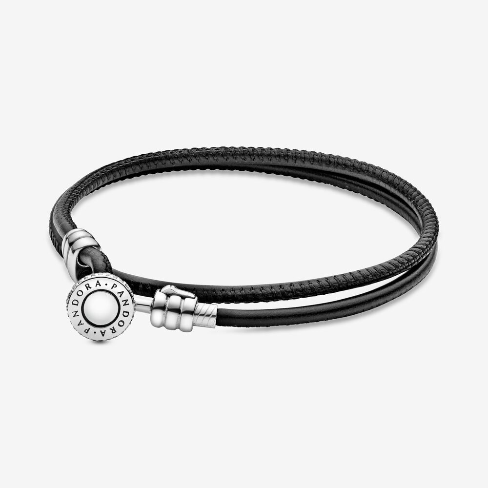 Black Double Leather Bracelet, Clear CZ