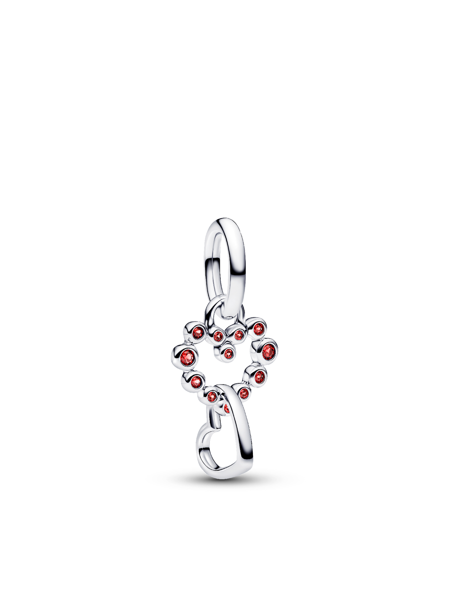 Женский шарм Pandora Connected Hearts & Red Stones Dangle Charm, цвет: Серебро — фото 1