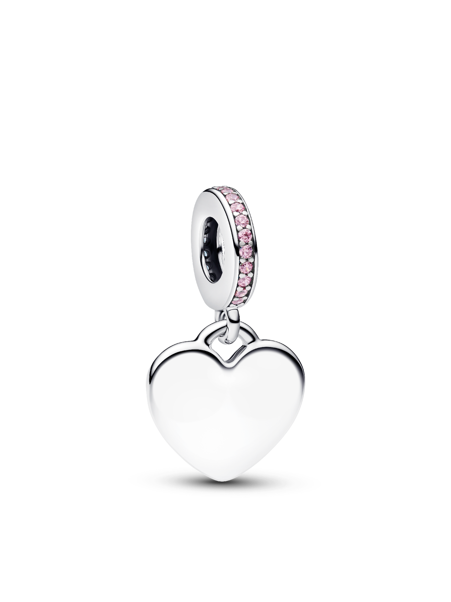 Женский шарм Pandora Engravable Heart Pink Stone Dangle Charm, цвет: Серебро — фото 1