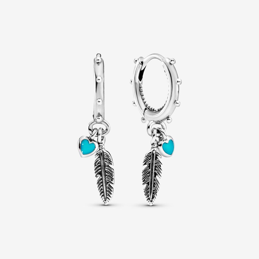 FINAL SALE - Turquoise Hearts and Feather Hoop Earrings image number 0