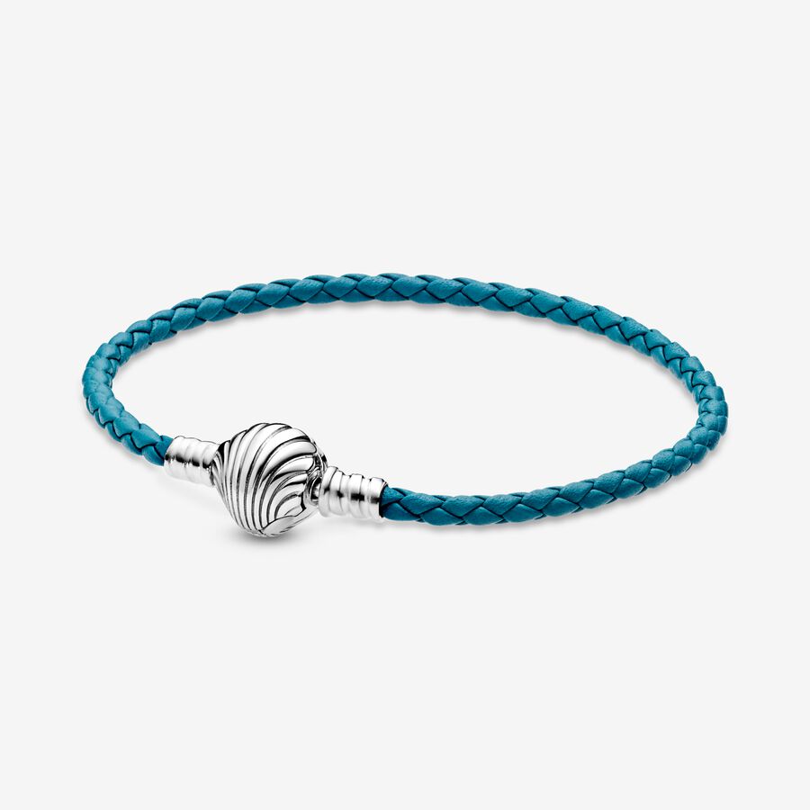 Pandora Moments Seashell Clasp Turquoise Braided Leather Bracelet, Sterling silver