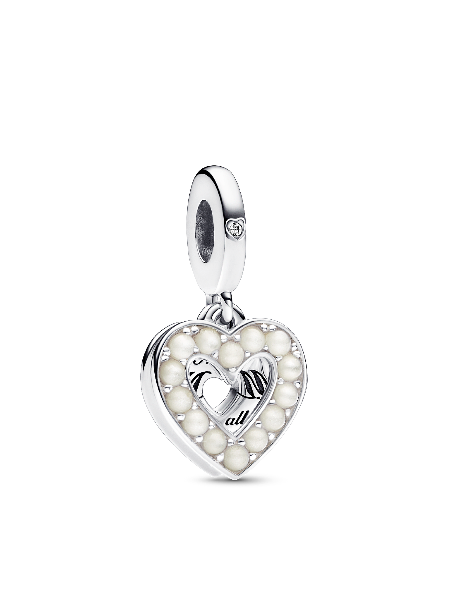 Женский шарм Pandora Pearlescent White Heart Double Dangle Charm, цвет: Серебро