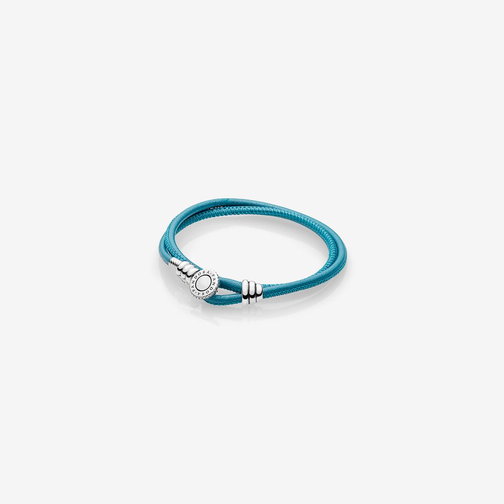Turquoise Double Leather Bracelet, Clear CZ