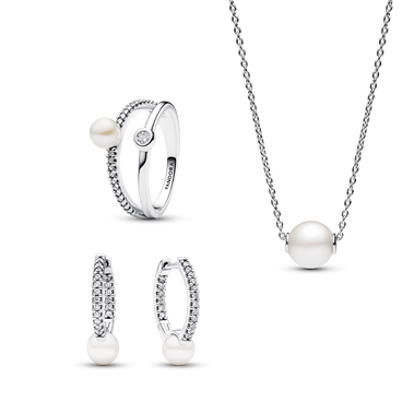 Treated Freshwater Cultured Pearl & Pavé Earring, Necklace, and Ring Set